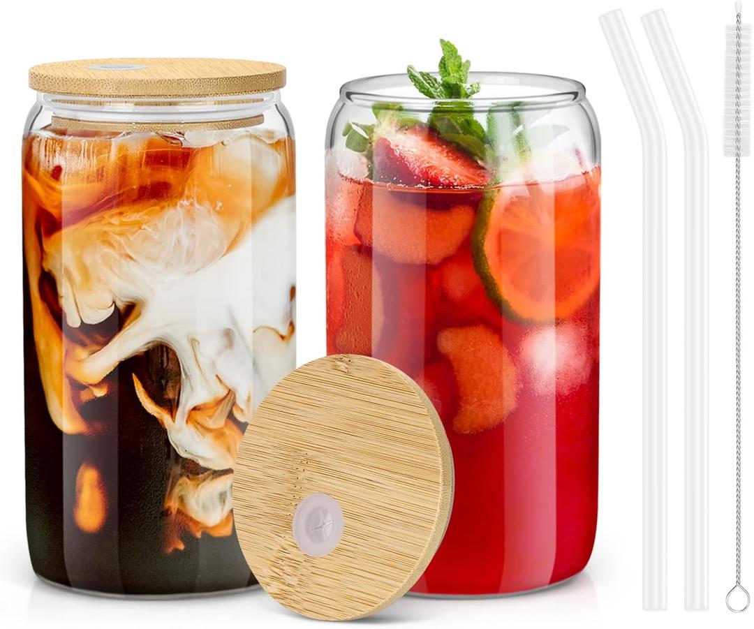 Sungwoo 2PCS Glass Cups with Bamboo Lids and Straws, 16OZ Ice Coffee Cup, Drinking Cup set with Wooden Lids, Home Essential Glass Tumblers for Beer, Cocktail, Tea and Latte Clear