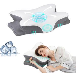 Memory Foam Pillows, Ergonomic Pillow for Neck Pain Relief, Bed Pillow for Sleeping, Cervical Neck Pillow for Side, Back, Stomach Sleeper with Cool Pillowcase, Side Sleeper Pillows for Adults (24.8"L16.7W"5.4"H, Grey, White)