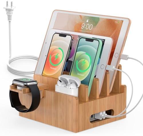 Pezin & Hulin Bamboo Charging Station for Multiple Devices with 5 Port USB Charger, 5 Cables, Smart Watch & Earbuds Stand, Desk Docking Stations Electronic Organizer for Cell Phone, Tablet, With Charger