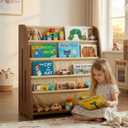 PERUGINA Wood Toddler Bookshelf Montessori Nursery Kids Baby Book Shelf Dutch Design 5Tier,Brown RedWalnut GrainPattern, Width28", Height31", Depth11"