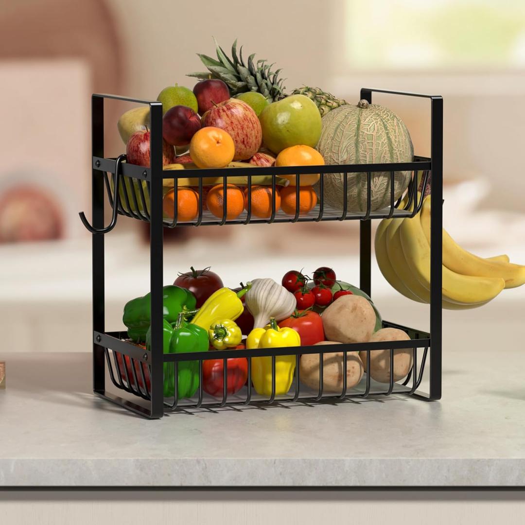 Webtrylics Fruit Basket for Kitchen Counter,Fruit Bowl,Countertop Organizer for Onion Bread and Snack Storage,Heavy Duty Metal Fruit Stand Holder with Liners (2 Tier)