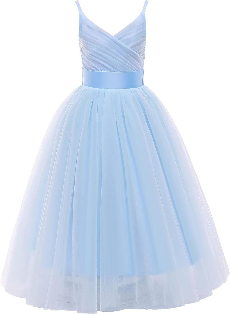 Glamulice Flower Girls Spaghetti Strap Tulle Dress Long A Line Wedding Pageant Dresses Princess Birthday Party Ball Gown (Light Blue (Pale Blue)), Size: 6 Years