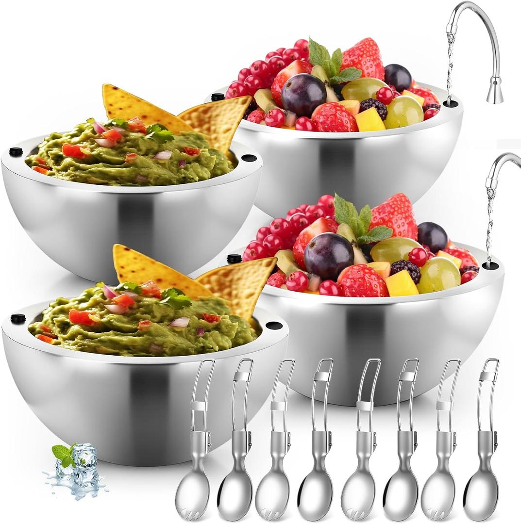 LemonRoad 4 Pack 16 oz Chilled Dip Bowl Stainless Steel Double Walled Ice Serving Bowl with 4 Sporks Spoons Cold Serving Dish for Parties Hummus, Salsa, Guacamole, Sauces, Pasta