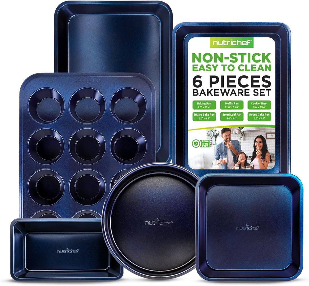 NutriChef 6-Piece Nonstick Baking Pans - Carbon Steel Non Toxic Bakeware set with Cookie Sheets, Muffin, Loaf, Round & Square Pan - Restaurant Quality Baking Tray, Easy Clean, Dishwasher & Oven Safe (Blue)
