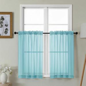 Gwine Short Kitchen Sheer Curtains 36 Inch Length - Light Filtering Voile Small Half Window Curtain for Basement, Rod Pocket Cafe Curtains for Bathroom Cabinet, 42Wx36L Inch, 2 Panels, Aqua