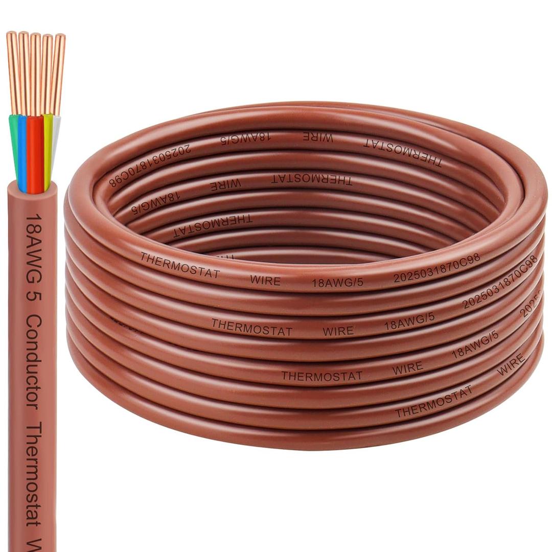 18AWG Thermostat Wire 18/5 Solid Copper  5 Conductor Low Voltage HVAC Cable for Thermostats, Alarm Systems, Doorbells, Multi-Color, 20FT (Brown)