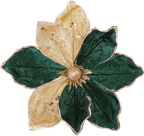 Lotus Hills 10" Large Christmas Poinsettia Flower Picks, 6pcs Glitter Christmas Tree Flower Decorations, Christmas Floral Ornaments, Christmas Tree Wreath Garland DIY DéCor (Green+Gold)