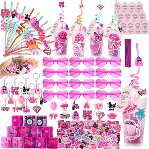 DreamTale 134 Pcs Pink Party Favors Grils Kid Princess Birthday Supplies with Straws Goody Cups,Heart Glasses,Slap Bracelets,Thanks Cards,Keychains,Ring and Stickers Gift Pack for Kids