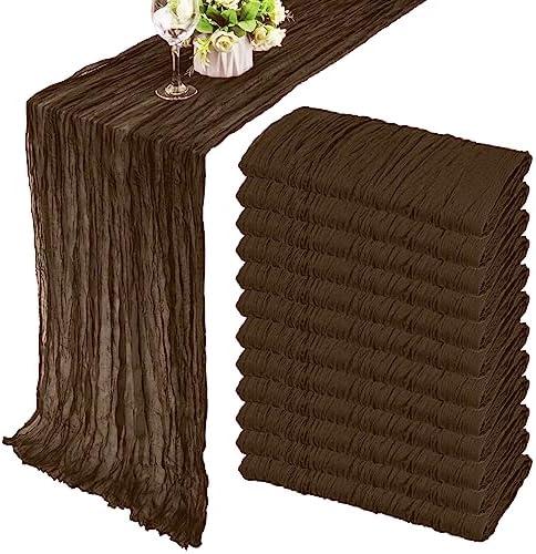 12 Pack 10Ft Cheesecloth Table Runner 35x120 Inch Boho Gauze Table Runner Rustic Cheese Cloth Long Romantic Table Runners for Wedding Bridal Shower Birthday Party Table Decor (Brown)