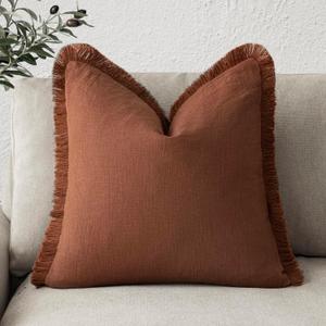 Foindtower Decorative Linen Fringe Throw Pillow Covers Cozy Boho Farmhouse Cushion Cover with Tassels Accent Pillowcase for Chair Sofa Bed Living Room Home Decor, 2626 Inch, 1PC,Fall Rust Orange (Late Autumn)