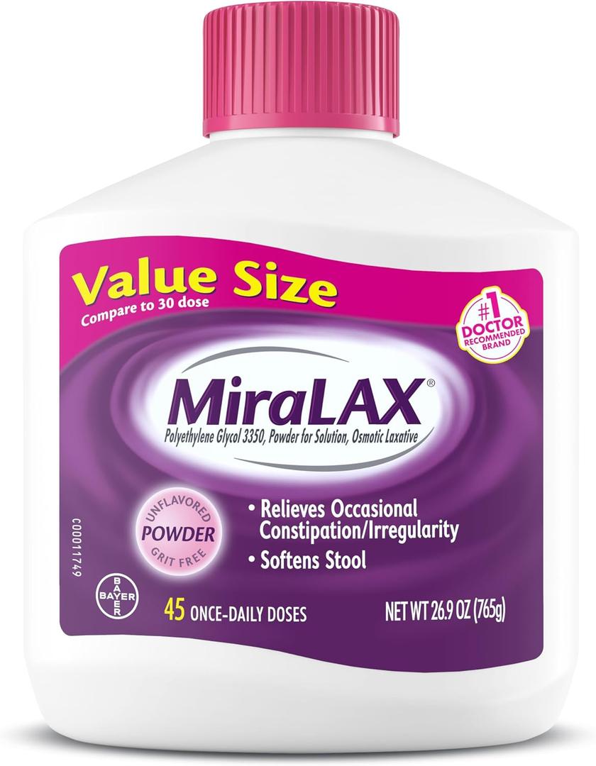 MiraLAX Laxative Powder, Gentle Constipation Relief for Adults, Stool Softener with PEG 3350, Nonstimulant Laxative, No Harsh Side Effects, Osmotic Laxative, 45 Dose, Exp 2027/07