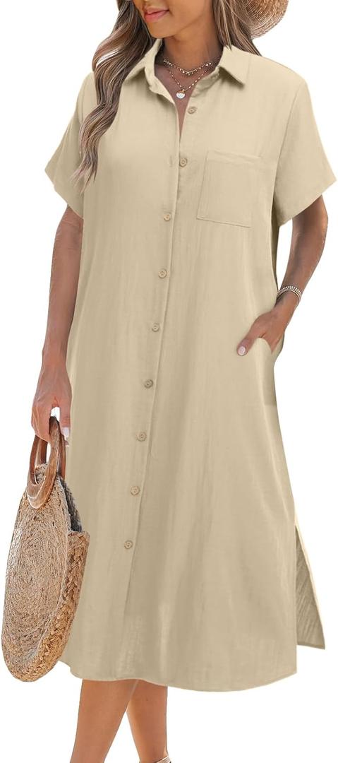 Zeagoo Women Dresses Summer Casual Short Sleeve Button Down Shirt Dresses 2025 Beach Cover Up with Pockets (Large)