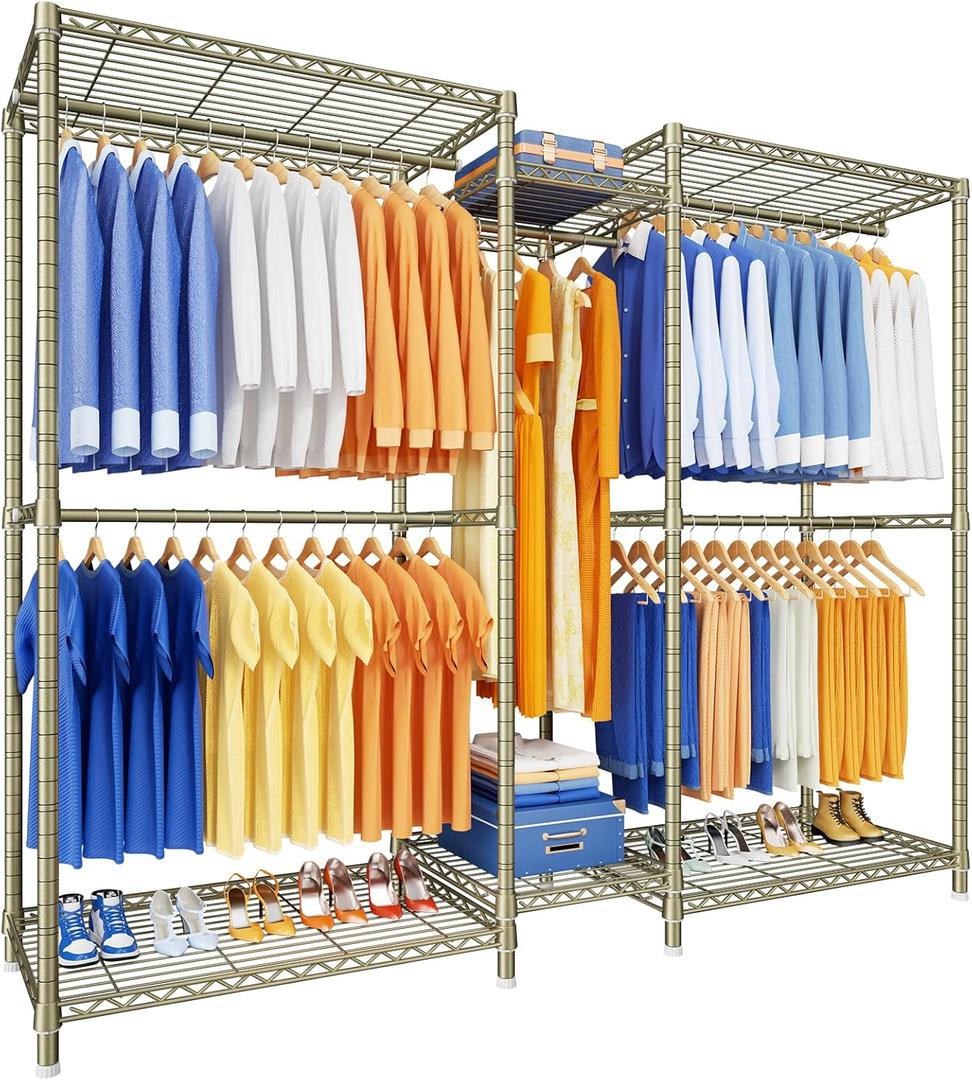 Ulif E12 Clothes RackHeavy Duty Freestanding Garment Rack with ShelvesMetal Clothing Closet Storage System for Hanging Clothes71" W x 16" D x 76.5" H, Hold 960 lbs, Gold