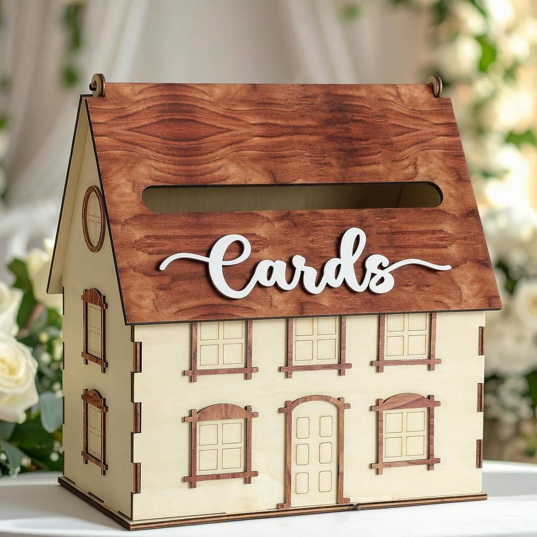 AceOrbit Rustic House Wedding Card Box for Reception 10x 6x11.5 Inch Large House Shaped Wooden Just Married Box Gift for Wedding Keepsake Newlyweds Baby Shower Party Favors