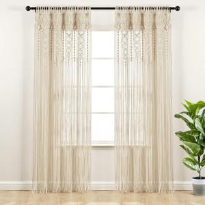 Lush Decor Boho Macrame Textured Cotton Window Curtain Panel, Single Panel, 40" W x 84" L, Neutral - Doorway Curtain - Room Divider, Wedding Or Wall Decor - Boho Curtain - Macrame Curtains For Windows