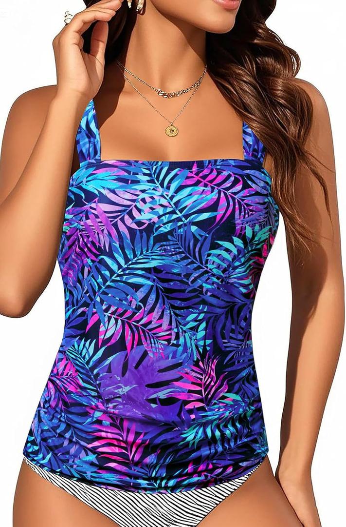 Yonique Tankini Tops for Women Swimwear Top Only Tummy Control Swim Top Modest Tank Top Bathing Suits No Bottom (XX-Large, Blue Leaves)