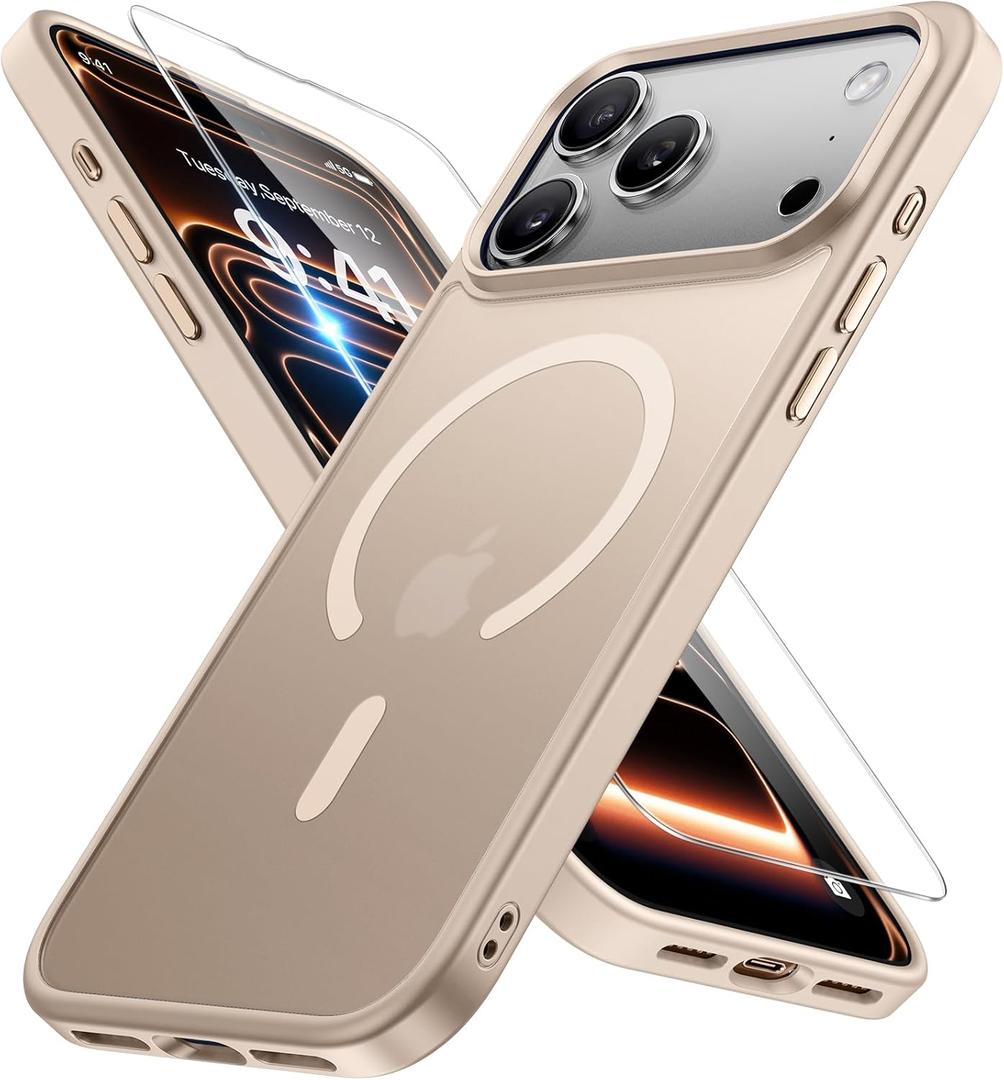 Miracase Magnetic for iPhone 17 Pro Case 6.3" with Screen Protector, [Compatible with MagSafe] Military-Grade Protection, Anti-Fingerprint, Slim Thin Phone Case for 17 Pro Cover, Khaki Gold