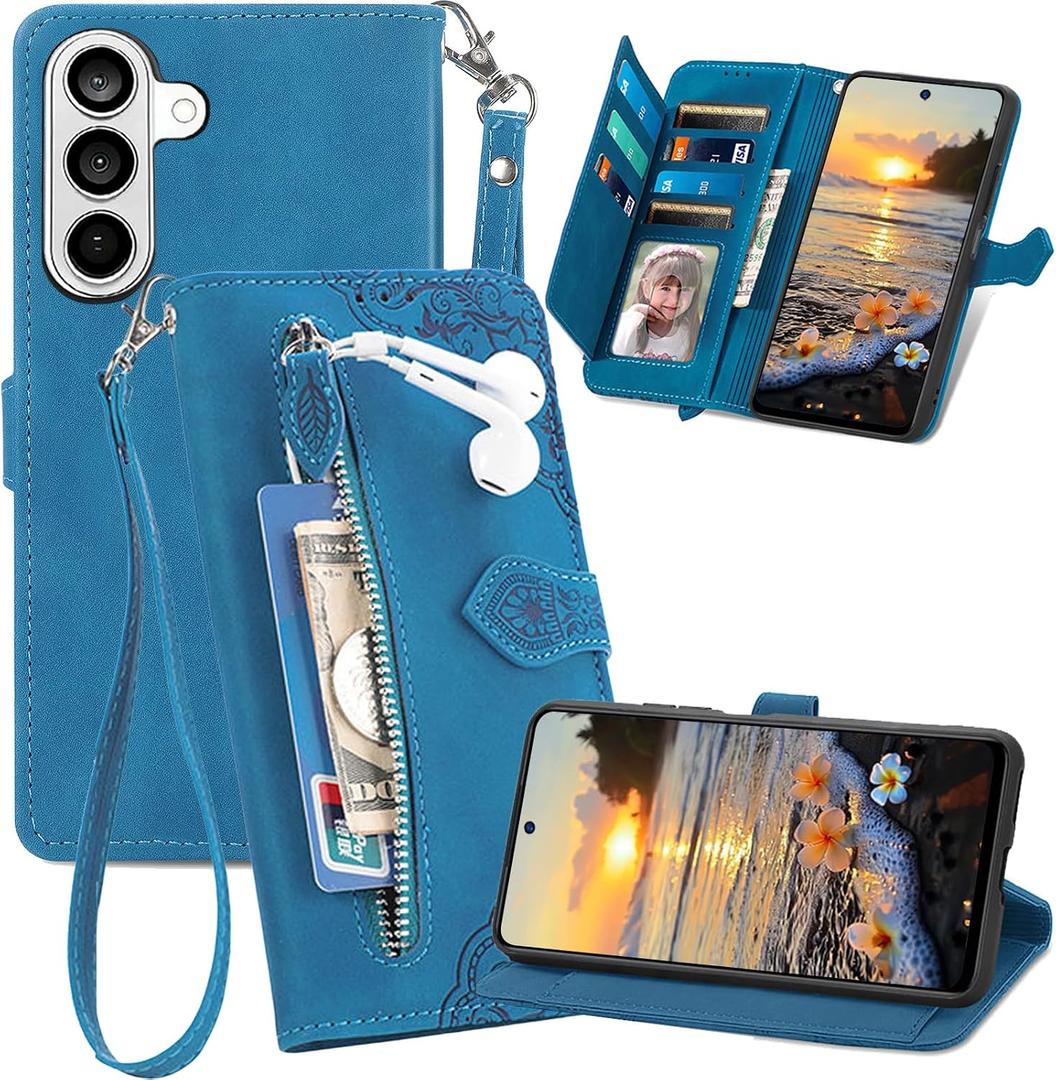for Samsung S26+ Plus Flip Wallet Case with 7 Card Slots SZY Blue | Women Floral Embossed PU Leather Case with Card Holder Zipper Pocket & Wrist Strap Shockproof Cover for Galaxy S26+ Plus