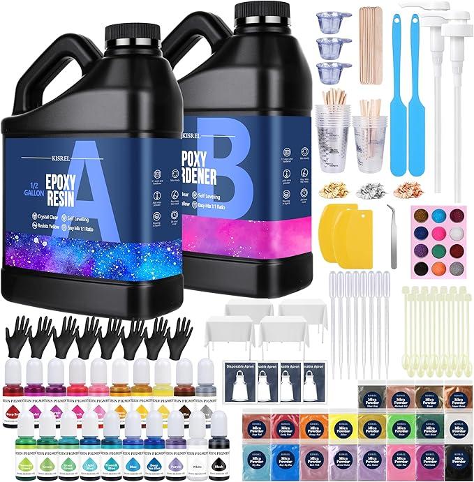 KISREL Epoxy Resin 1 Gallon - Clear Epoxy Resin Kit with 20 Pigments and 20 Colors of Mica Powders - No Yellowing No Bubble Casting Resina for Art Crafts, Jewelry Making & Resina Molds(1/2 Gallon x 2)