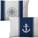 7COLORROOM 2Pack Nautical Sailing Throw Pillow Cover Navy Blue with Anchor/Compass Pattern Rectangular/Waist Cushion Cover Ocean Beach Home Decor Pillowcases 12"×20",for Sofa Couch Patio (12"×20")