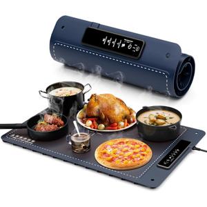 Warming Mat for Food, Fousixdi Electric Warming Mat Full Surface with 4 Temperature Levels, Auto Shut-Off, Timer Function, Fast, Even Heating Silicone Food Warmers for Buffets, Parties & Everyday Use (Blue)