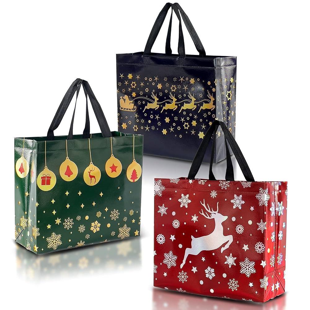 Nush Nush Festive Large Christmas Bags for Gifts - Set of 48 Large Christmas Gift Bags with Handles (4 Each of Blue, Green and Red Colors) - Reusable Gift Bag for Holiday Gifts, Presents - 13x5x11