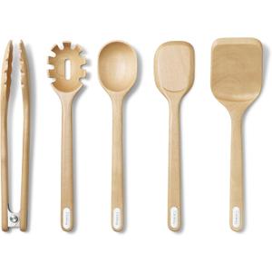 Caraway Wooden Utensil Set - 5 Piece Cooking Utensil Set - Spoon, Server, Scraper, Spatula, & Tongs - Made From FSC-Certified Birch Wood - No Microplastics