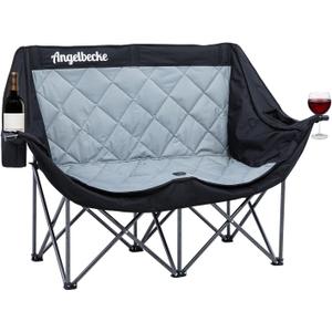 Double Camping Chair Oversized Padded Camping Sofa for 2 Person Heavy Duty Outdoor Folding Couch Portable Lawn Chair with Dual Cup Holders & Glass Holders Weight Bearing 660LBS (Black+grey)