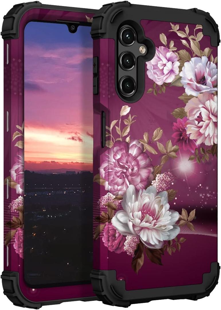 Hocase for Galaxy A16 5G Case, Heavy Duty Shockproof Protection Soft Silicone Rubber Bumper+Hard Plastic Hybrid Protective Case for Samsung Galaxy A16 5G (6.7") 2025 - Burgundy Flowers