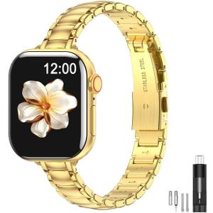 MioHHR Thin Metal Bands Compatible with Apple Watch Band Ultra3/2/1 Series 11 10 9 8 7 6 5 4 3 2 1 SE3/2/1,Slim Narrow Stainless Steel Strap for Women iWatch 49mm 46mm 45mm 44mm 42mm 41mm 40mm 38mm (Gold)
