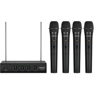 Phenyx Pro Wireless Microphone System, 4 Channel VHF Wireless Mics, w/ 4 Handheld Dynamic Microphones, Metal Receiver, Long Range, Mic for Singing, Karaoke, Church (PTV-2000-4H)