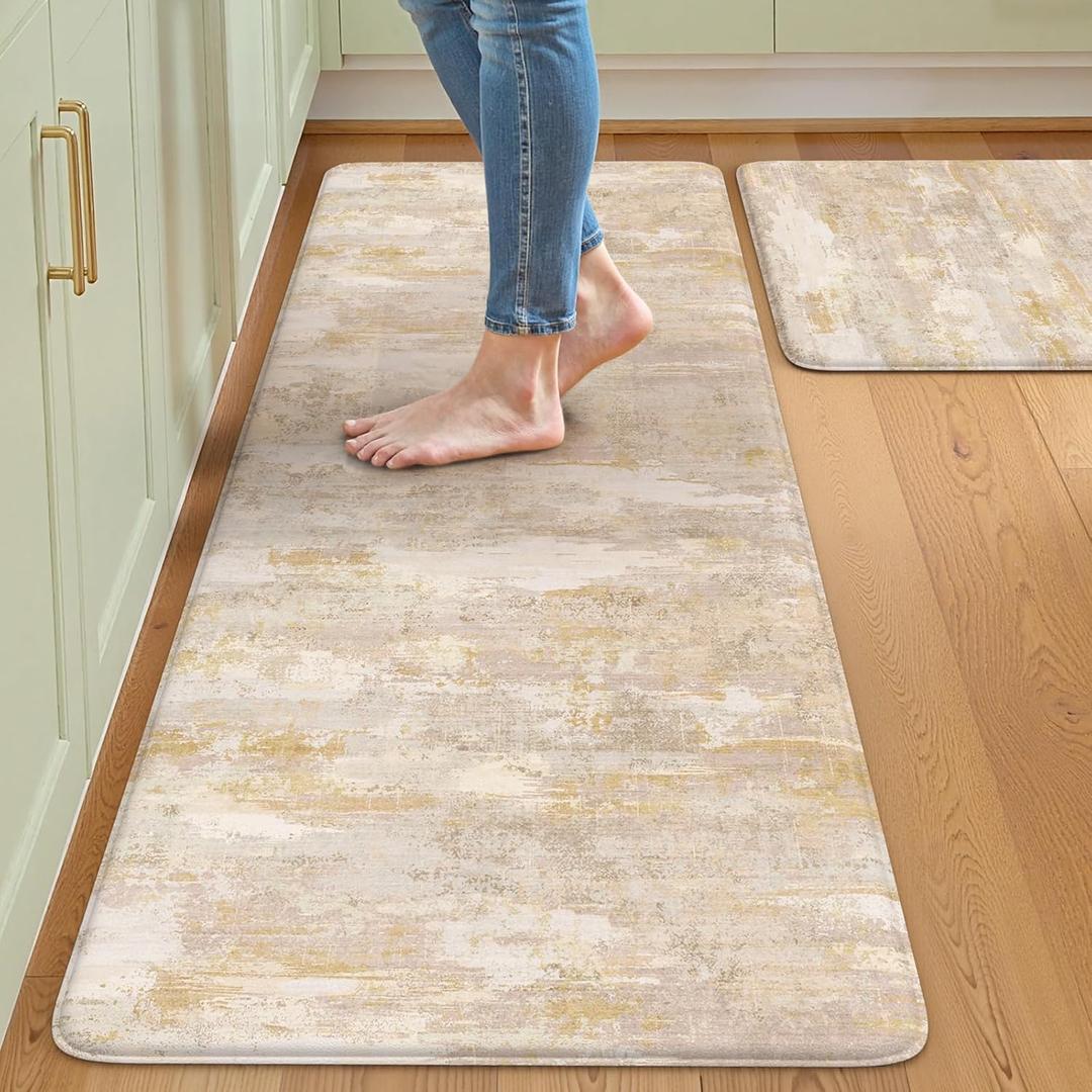 Collive Anti Fatigue Mats for Kitchen Floor, Abstrac Non Slip Kitchen Rugs Sets of 2 Cushioned Modern Desk Mat, Waterproof Comfort Standing Mat for Sink, Home Decor, 20" x 47" + 20" x 32", Beige/Cream