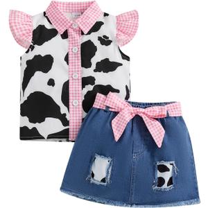 Toddler Cowgirl Outfit Girl Denim Skirt Set Cow Print Shirt Button Down Top and Skirt Kids Jeans Set Western Clothes 5-6Y