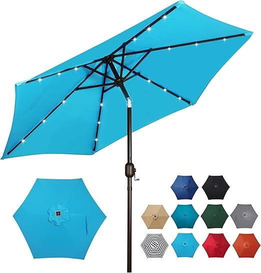 Blissun 7.5 ft Solar Umbrella, 18 LED Lighted Patio Umbrella, Table Market Umbrella (Light Blue)
