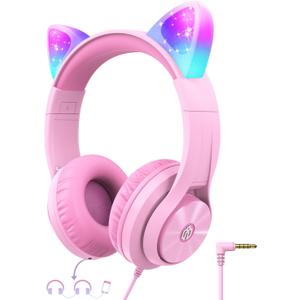 iClever Kids Headphones with Cat Ear Led Light Up, Safe Volume Limite, FunShare, Foldable, Over-Ear Headphones for Kids for School/iPad/Tablet/Travel, Meow Donut-Pink (Medium)
