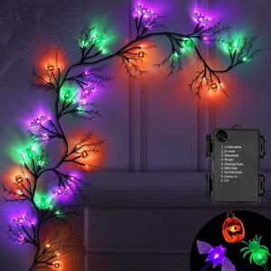 [ 8 Modes & Timer ] 6 Ft 54 LED Halloween Willow Vine Twig Decor Garland with 6 Bats & Pumpkins & Spiders Lights Waterproof Battery Operated Halloween Decorations Home Wall Fireplace Decor
