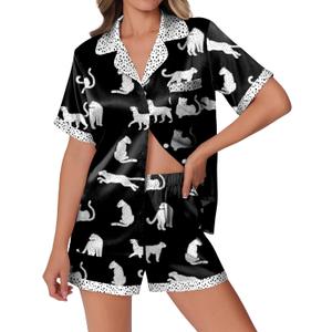 Ekouaer Womens Silk Satin Pajamas Set Animals Print Pjs Button Down Short Sleeve Lounge Set 2 Piece Sleepwear (Small, Black Leopard)