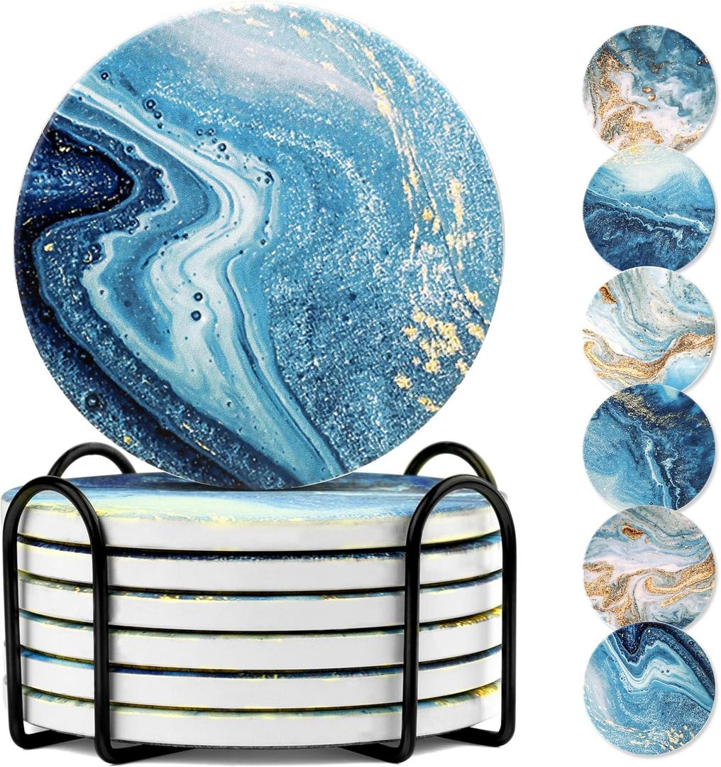 Drink Coasters with Holder, Ceramic Drink Coaster Sets of 6, Marble Blue Ocean Style Absorbent Ceramic Coasters with Cork Base for Home Decor, Kitchen, Gift, Bar, Coffee Table(4 Inches) (C01)