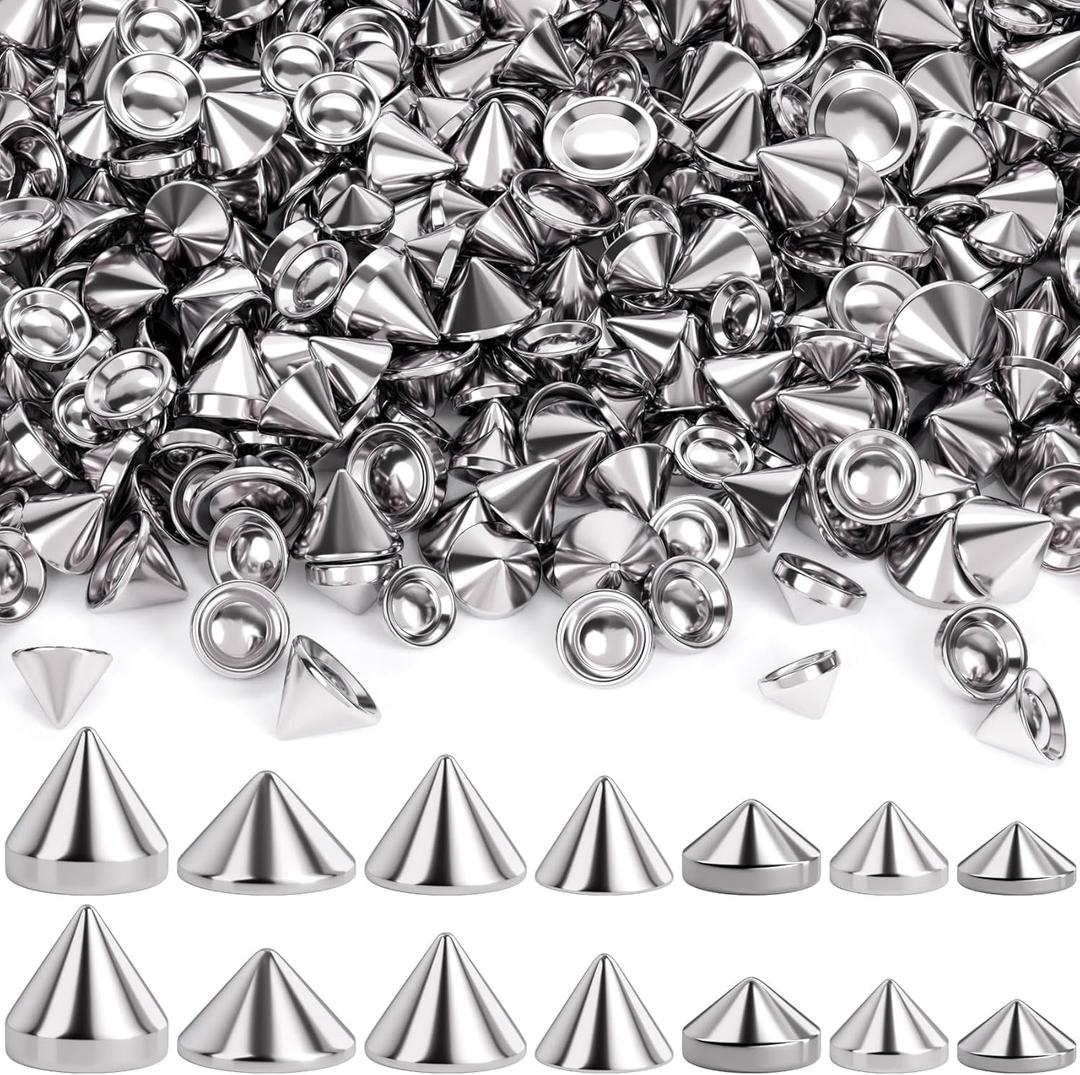 OIIKI 140PCS ABS Bullet Spike Cone Studs, 7 Styles Rivets Cone Spike Studs Beads, Flat Back Punk Spikes DIY Crafts Studs Glue on Decoration for Leather Clothes Belt Bags Jewelry Trims - Silver