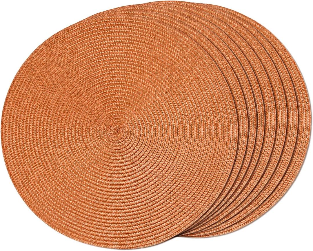 FunWheat Round Braided Placemats Set of 8 Table Mats for Dining Tables Woven Washable Non-Slip Place mats 15 inch(Pumpkin Orange,8pcs)