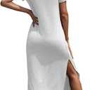Dyexces Women Summer T Shirt Dress Casual Short Sleeve V Neck Maxi Dresses Loose Side Slit Long Tshirt Dress with Pockets (White, M)