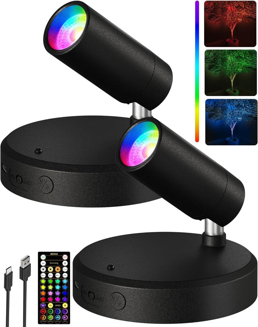 EZVALO RGB Spotlights Indoor with Remote, 5500mAh Rechargeable Picture Lights, DIY Mode & 83 Color Changing Uplighting, Wireless Mini Accent Lighting for Christmas Gift.(2Pack-Black)