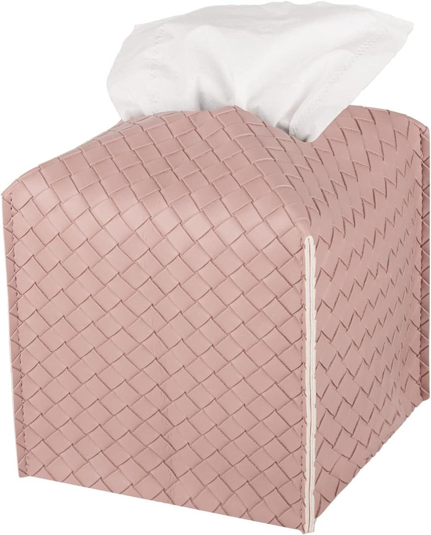 Tissue Box Cover PU Leather Tissue Holder Square Facial Tissue Case Facial Paper Organizer Dispenser for Bathroom, Vanity Countertop, Tabletop, Car, Pink
