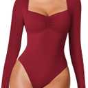 Avidlove Women's Sexy Sweetheart Neckline Bodysuit Tops Long Sleeve Double Lined Thong Body Suits Ruched Outfits (Red), Small