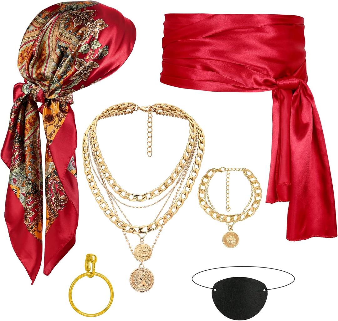 CICOCI Men Pirate Costume Accessories Set for Women: Pirate Hat, Head Scarf, Sash, Belt, Dress Accessories - Gold (Red)