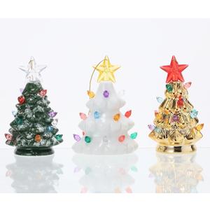 B SEPOR Set of 3 Mini 4.5" Inch Nostalgic LED Ceramic Christmas Tree with Lights Xmas Tree That Light Up Hanging Ornaments White Golden Green Assorted for Holiday Decoration and Gifts
