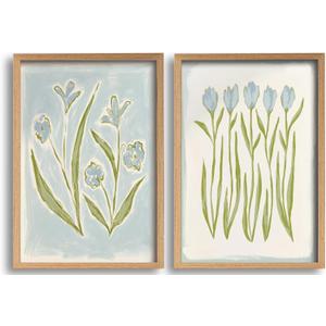 Light Blue Flower Canvas Wall Art Southern Coastal Modern Floral Painting Picture Preppy Blue Flowers Wall Decor Minimalist Botanical Poster Print Artwork for Living Room Bedroom Bathroom Home Decor, 24L"x16W"