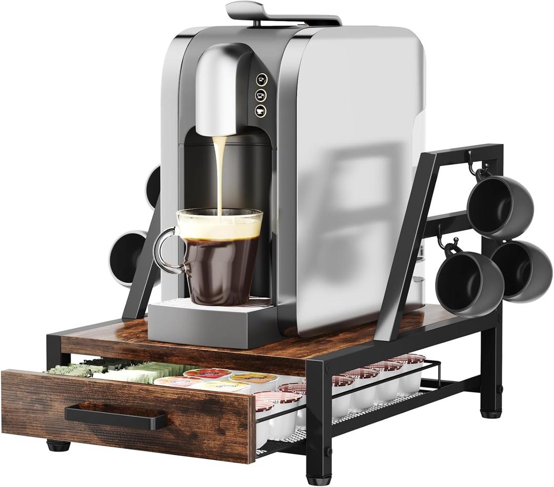 K Cup Holder Drawer - Coffee Pod Organizer for Counter, Sturdy k cups Storage Drawer with Mug Rack, Coffee Maker Stand, 35 Capacity Pods, Home Kitchen Counter Organizer, Rustic Brown (One layer)