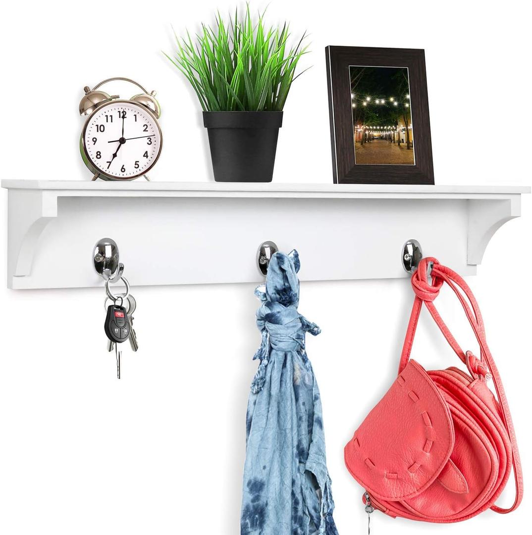 Greenco Entryway Wall Mounted Floating Shelf with Hooks, Hat and Coat Hanging Wooden Storage Shelf, 24” – White