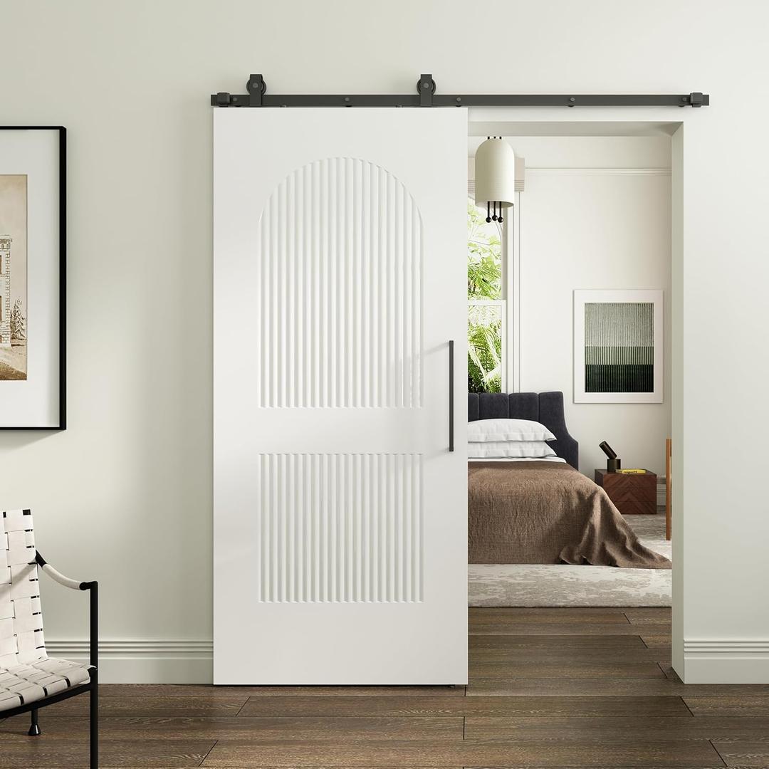 BarnSmith 36''x84'' Sliding Barn Door, 2 Panel with Reeded Arc White Primed Sliding Closet Door with 6FT Hardware Kit, Hollow Core Interior Door, Preassembled Panels, Durable & Sturdy